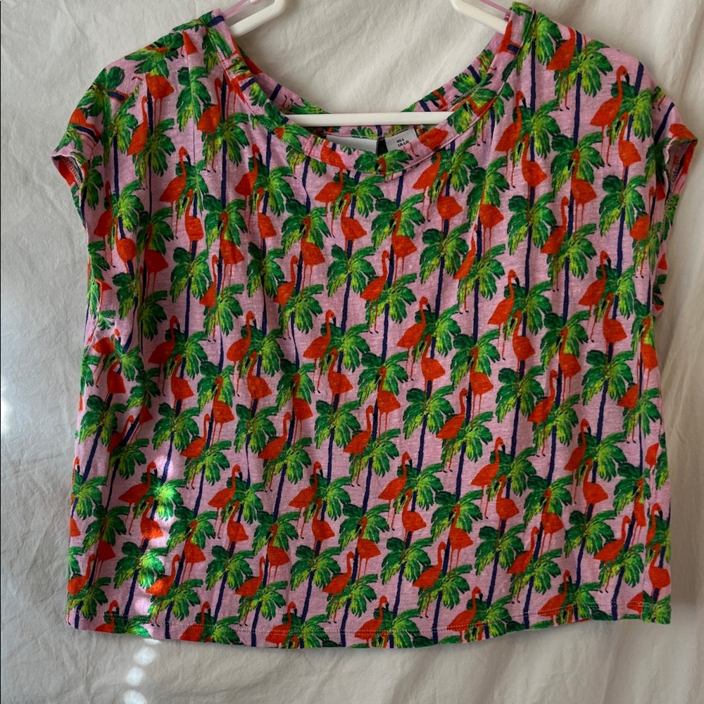 Bouffants And Broken Hearts Tropical Flamingo Print Linen Crop Top Size Large